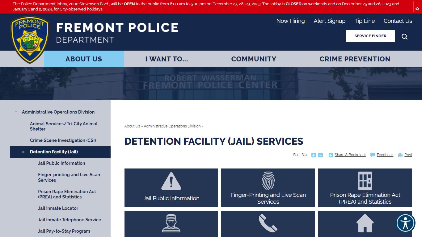 Detention Facility (Jail) Services | Fremont Police Department, CA