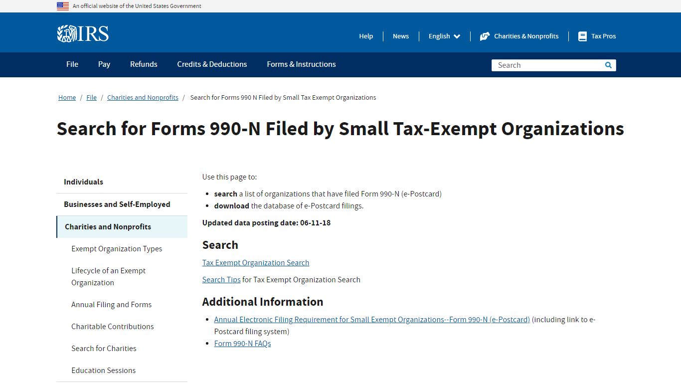 Search for Forms 990-N Filed by Small Tax-Exempt Organizations